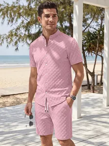 Summer men's pink jacquard short sleeve casual shirt and shorts set for beach holiday
