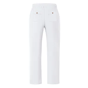 Detailed back view of men's white loose straight-leg casual trousers with flap pockets.