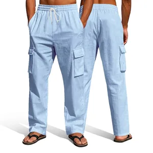 Men Summer Linen Cargo Pants Loose Fit Drawstring Multi-Pocket Casual Straight Leg Trousers Breathable Lightweight Bottoms