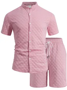 Detailed view of pink men's summer loungewear set featuring 3D checkered jacquard fabric