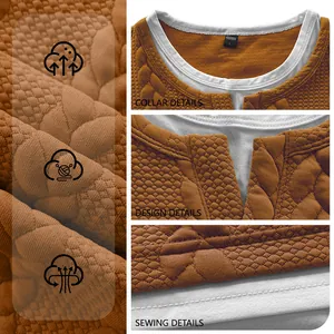 Close-up of men's textured jacquard fake two-piece t-shirt showing collar and sewing details