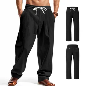 Close-up showing front and back views of men's black loose casual wide-leg trousers