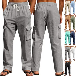 Men's summer linen cargo pants with drawstring waist and multiple pockets casual fit