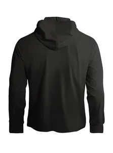 Vista posteriore dettagliata di una felpa nera con cappuccio da uomo in maglia