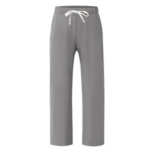 Front view of men's gray wide-leg casual trousers with white drawstring waistband.