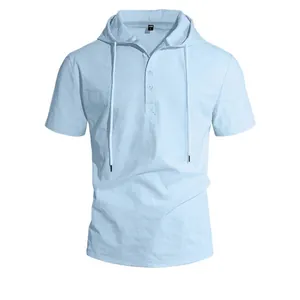 Chemise à Capuche Homme Décontractée en Coton Lin Manches Courtes Couleur Unie Henley Col en V Top de Plage Ample Respirant