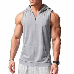 Ärmellose graue Kapuzen-Fitnessweste für Herren mit durchgehendem Reißverschluss.