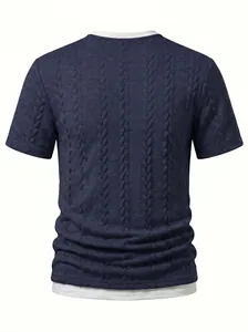 Back view of men's blue cable knit jacquard T-shirt with fake two-piece design
