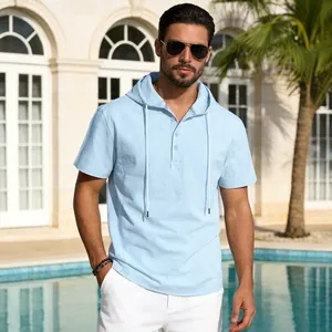 Chemise à capuche boutonnée en lin bleu clair pour homme style plage décontracté