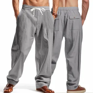 Detailed front and back view of men's loose breathable gray wide-leg casual pants