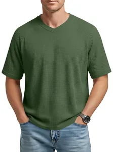 Close-up of men's olive green waffle knit V-neck t-shirt with raglan sleeves.