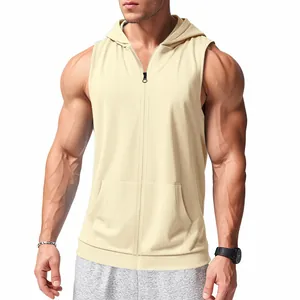 Ärmelloses Fitness-Kapuzenshirt für Herren mit Reißverschluss in schlichtem Cremeweiß