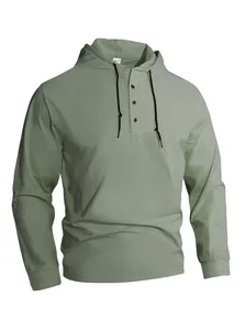 Felpa con cappuccio Henley da uomo verde salvia a maniche lunghe in maglia morbida