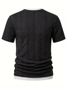 Detailed back view of men's black cable knit fake two-piece T-shirt with white accents