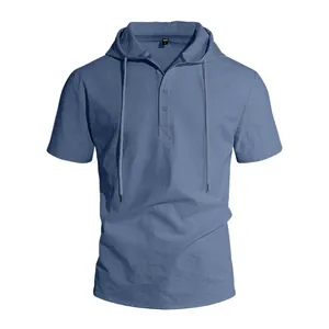 Chemise décontractée à capuche boutonnée en lin bleu pour hommes à manches courtes chic