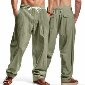 Detailed front and back views of men's breathable loose green linen-style trousers