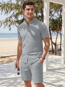 Men's gray jacquard summer casual set with short sleeve shirt and drawstring shorts