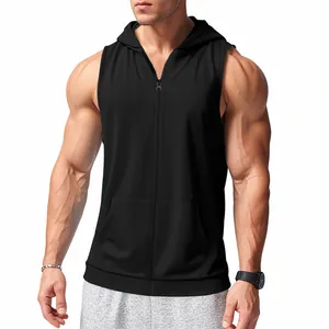 Ärmelloser Herren Sport-Hoodie mit Reißverschluss und Tasche in Schwarz für das Fitnessstudio