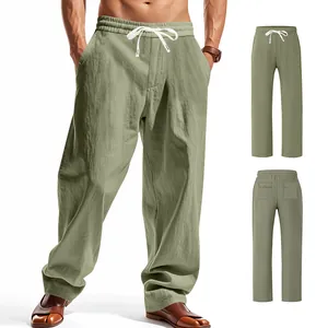 Men's loose olive green wide-leg trousers with breathable linen texture and drawstring.