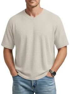 Detailed view of the waffle-knit fabric and V-neckline on a casual men's T-shirt