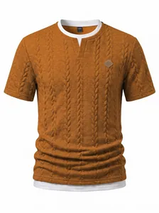 Detail of the brown textured jacquard fabric and chest leather patch on a men's T-shirt