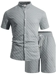Men's gray textured waffle knit summer leisure set with short sleeve shirt and shorts