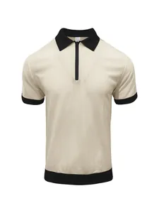 Polo pour homme avec demi-zip, maille gaufrée, couleur crème et contrastes noirs