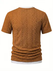 Back view detail of men's slim-fit textured jacquard T-shirt with fake two-piece design.