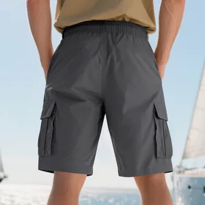 Rückansicht grauer Herren-Cargo-Shorts mit elastischem Bund und Seitentaschen.
