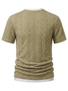 Back detail of men's khaki textured cable-knit jacquard fake two-piece slim fit T-shirt