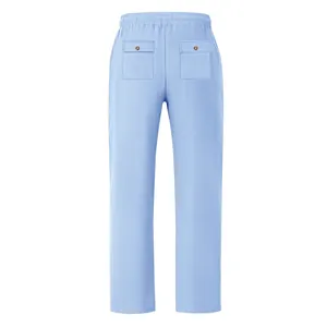 Back view of light blue men's loose wide-leg trousers with two buttoned patch pockets