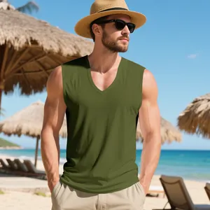 High-quality view of olive green V-neck sleeveless tank top on male model at beach