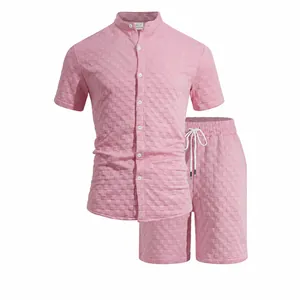 Men Summer Jacquard Short Sleeve Shirt And Shorts Top And Bottom 100% Polyester Casual Loungewear Outfit Daily Breathable