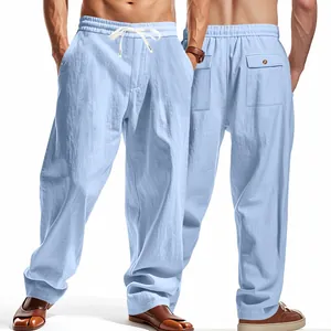 Front and back detail view of men's loose light blue wide-leg breathable casual pants