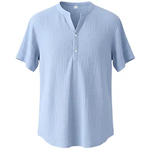 Men's light blue breathable linen stand collar short sleeve shirt in loose casual fit