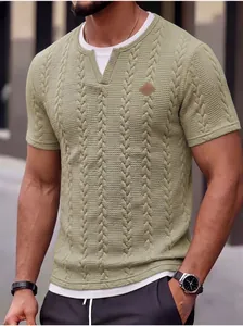 Close-up of men's slim fit textured jacquard T-shirt with decorative leather patch logo