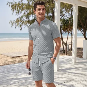 Men's summer 2-piece jacquard short sleeve shirt and shorts set for beach vacation