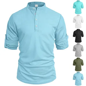 Detailed view of men's waffle knit Henley shirt showing roll-up sleeves and color options