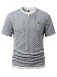 Detailed texture of grey cable-knit men's fake two-piece T-shirt with leather patch.