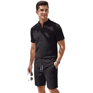 Men's summer casual two-piece set with jacquard textured shirt and matching shorts in black
