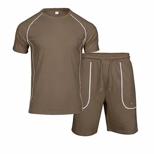 Set Completo Sportivo Casual Uomo Estate Girocollo Manica Corta Sopra e Sotto con Impunture a Contrasto Trama in Twill Set Pantaloncini