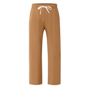 Detailed front view of men's breathable camel straight-leg casual pants with drawstring