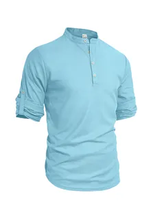 Detailed view of light blue waffle knit Henley shirt for men with buttoned collar