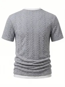 Detailed back view of a men's gray cable textured jacquard fake two-piece T-shirt
