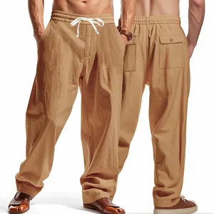 Back and front view of men's loose wide-leg casual pants in khaki tan color