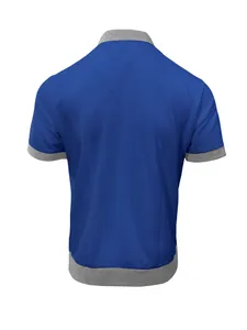 Vue arrière d'un polo décontracté pour hommes à manches courtes bleu et gris contrasté.