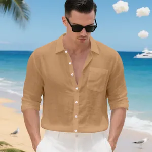 Chemise décontractée en coton et lin pour homme avec manches longues pour les vacances