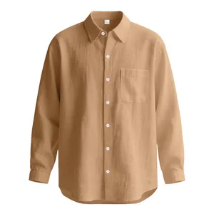 Vista frontale di camicia casual da uomo in cotone e lino color kaki con bottoni