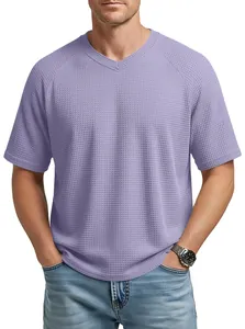 Detail view showing the textured waffle-knit fabric of men's purple V-neck T-shirt