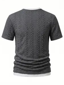 Men's textured jacquard short sleeve T-shirt with a fake two-piece white layered hem